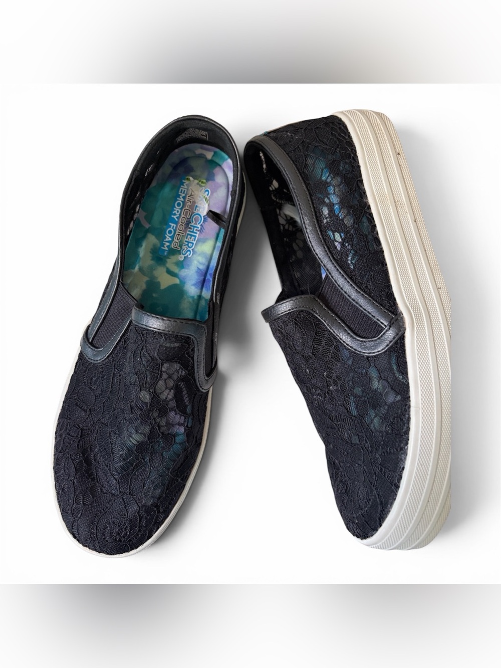 Skechers Women's Black Lace Slip-On Sneakers with Floral Insole